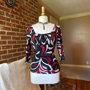 AGB Womens Vintage Y2K Red Black White Swirl Square Neck 3/4 Sleeve Top Sz S
